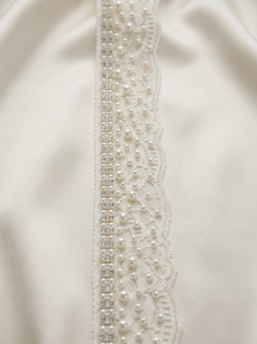 Ivory Pearl Rhinestone Lace Trim – Wide Beaded Scalloped Trim, Bridal Applique, DIY Accessories, Self Adhesive, Luxury Embellishment