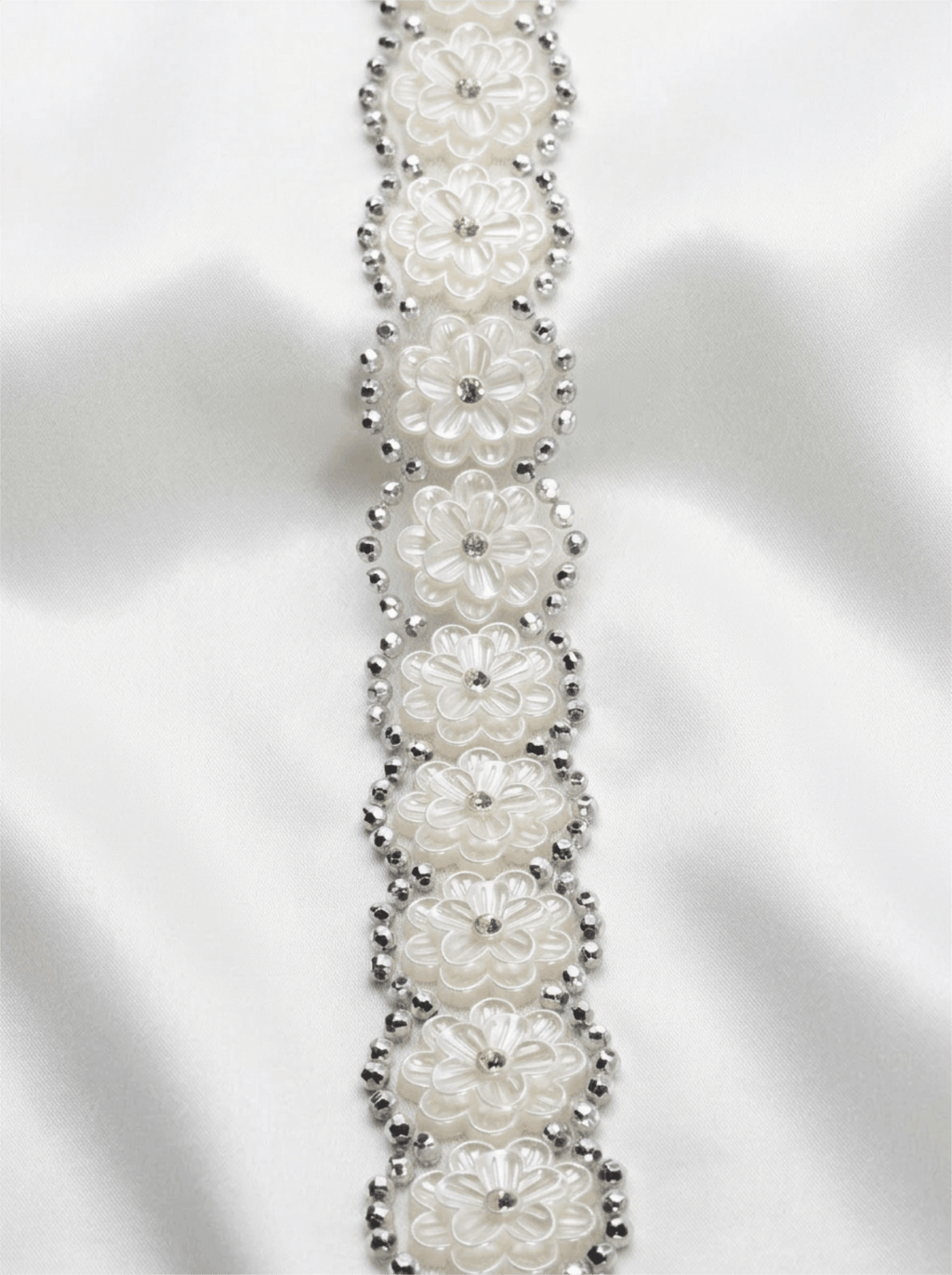 Ivory Floral Pearl Rhinestone Trim – Self Adhesive Wide Beaded Flower Lace, Bridal Trim, Luxury Sewing Trim