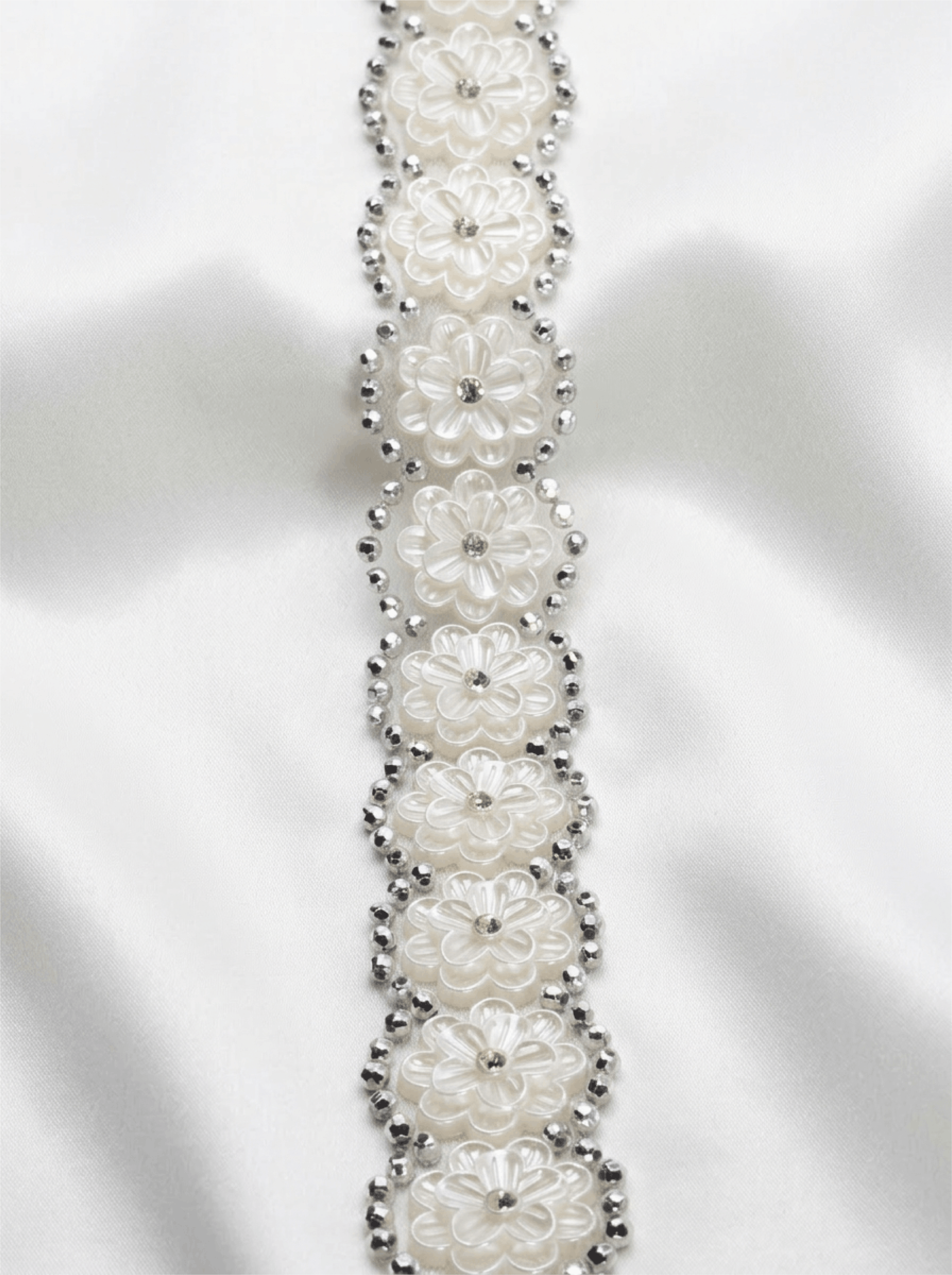 Ivory Floral Pearl Rhinestone Trim – Self Adhesive Wide Beaded Flower Lace, Bridal Trim, Luxury Sewing Trim