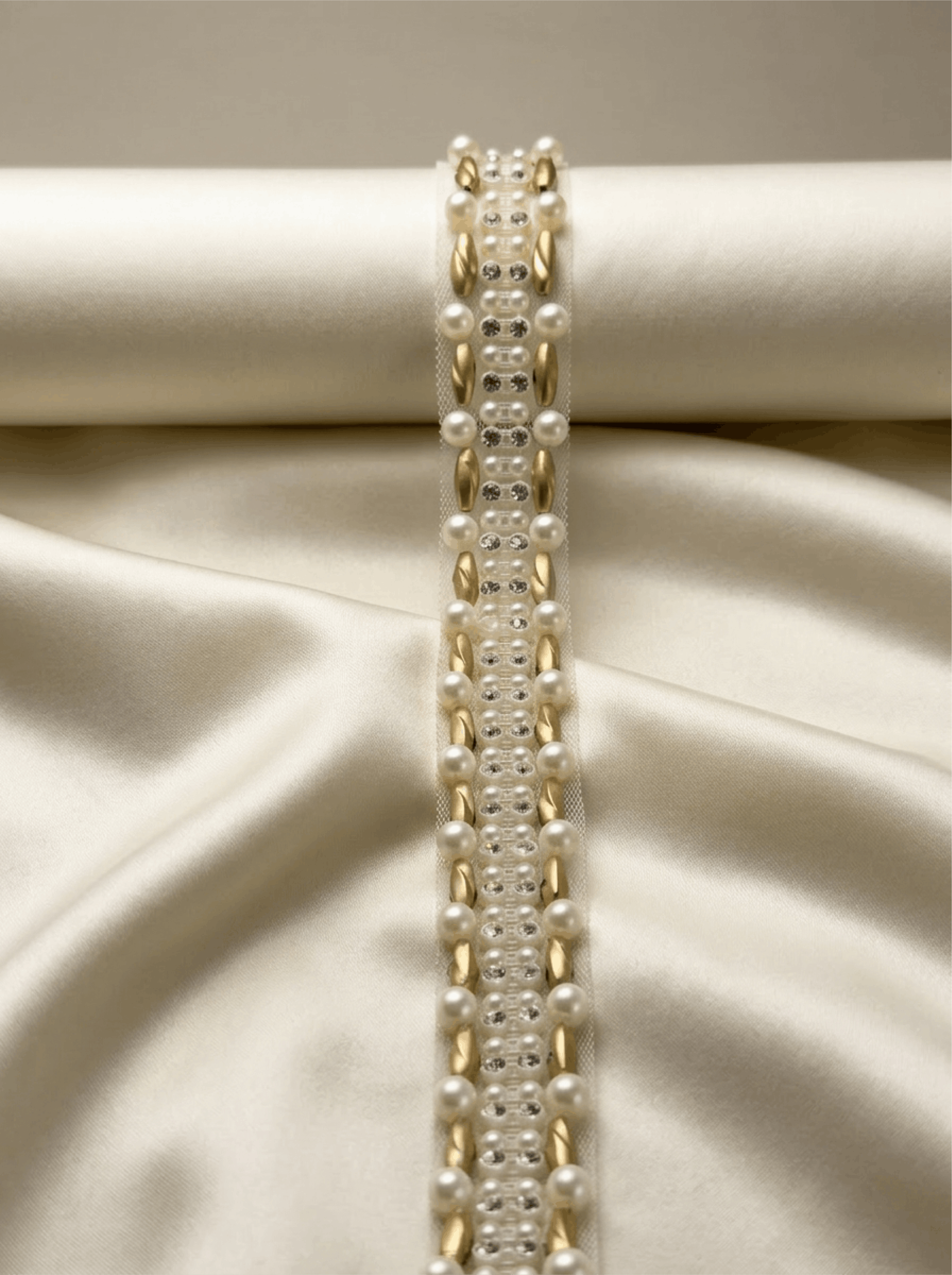 Matte Gold beads Pearl Rhinestone Trim – Decorative Embellishment, Sewing or Self Adhesive Trim, 1” Seam Allowance Option - Made In USA