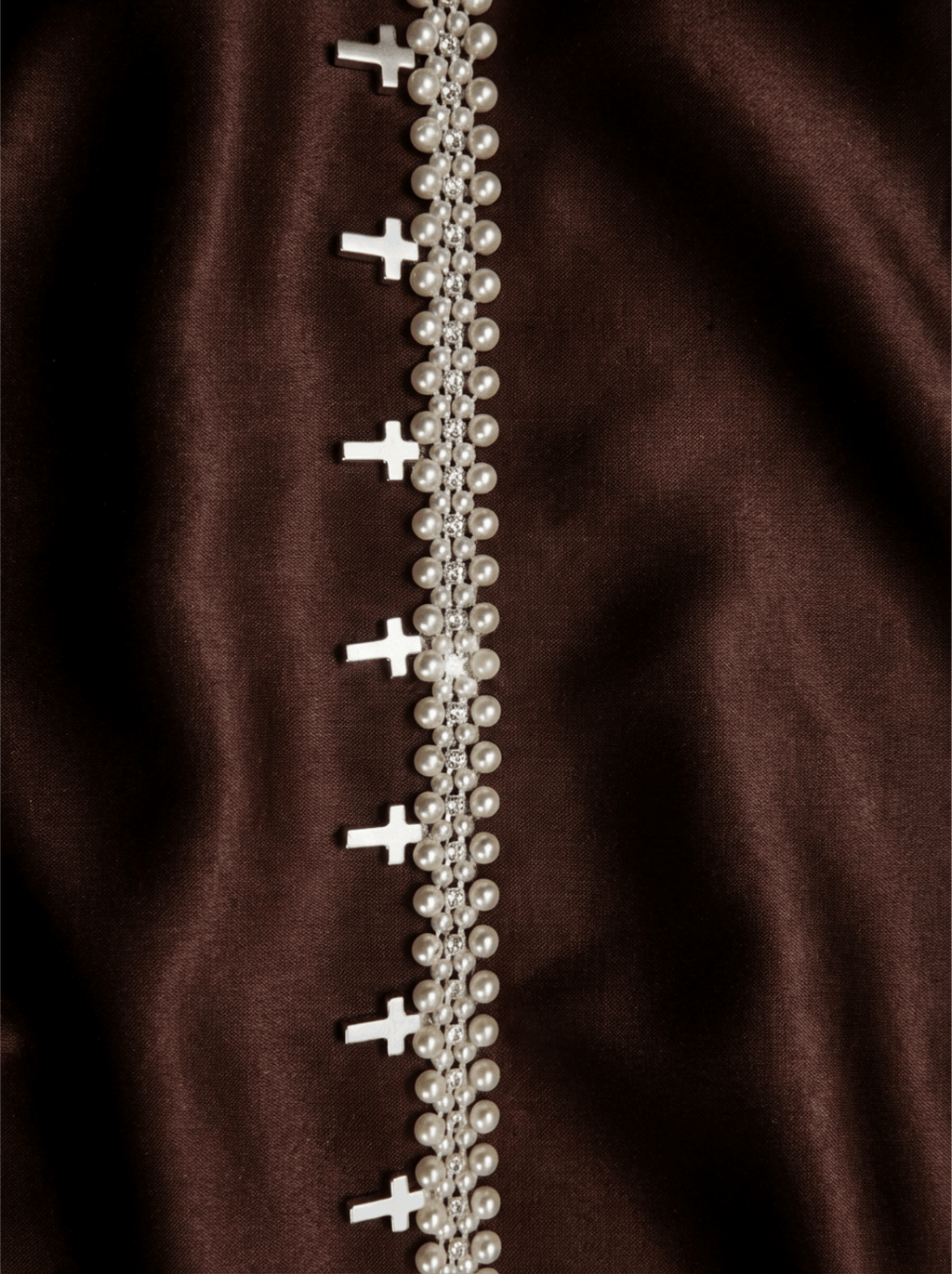 Pearl Cross Trim – Rhinestone & Faux Pearl Scalloped Lace Trim – Religious Bridal Appliqué – Self Adhesive or Sew On – Made in USA