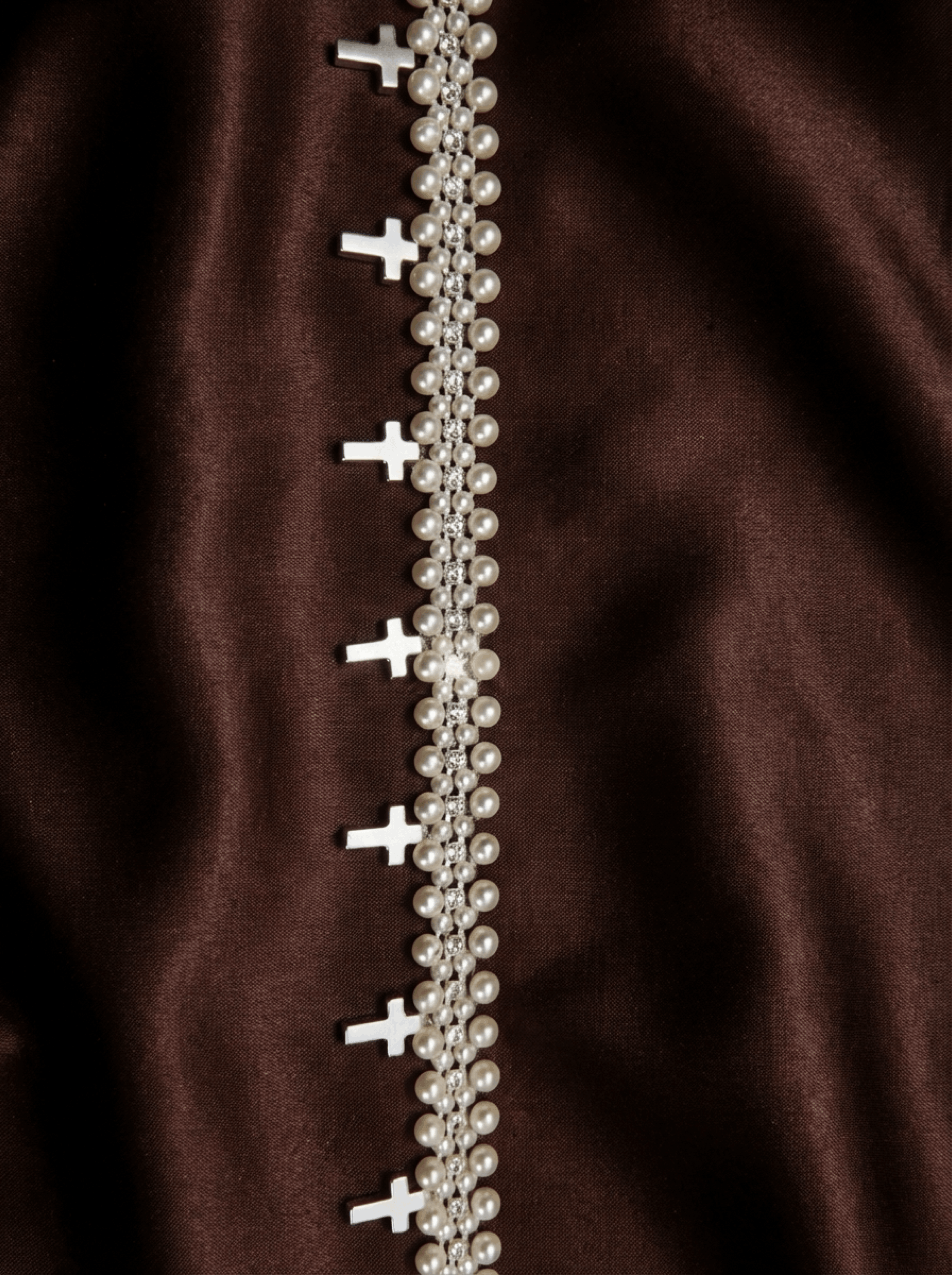 Pearl Cross Trim – Rhinestone & Faux Pearl Scalloped Lace Trim – Religious Bridal Appliqué – Self Adhesive or Sew On – Made in USA