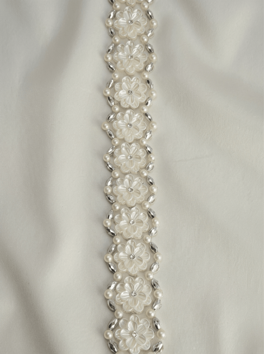 Floral Pearl Beaded Trim – Rhinestone Flower Appliqué Trim – Ivory Bridal Lace Trim – Self Adhesive or Sew On – Made in USA