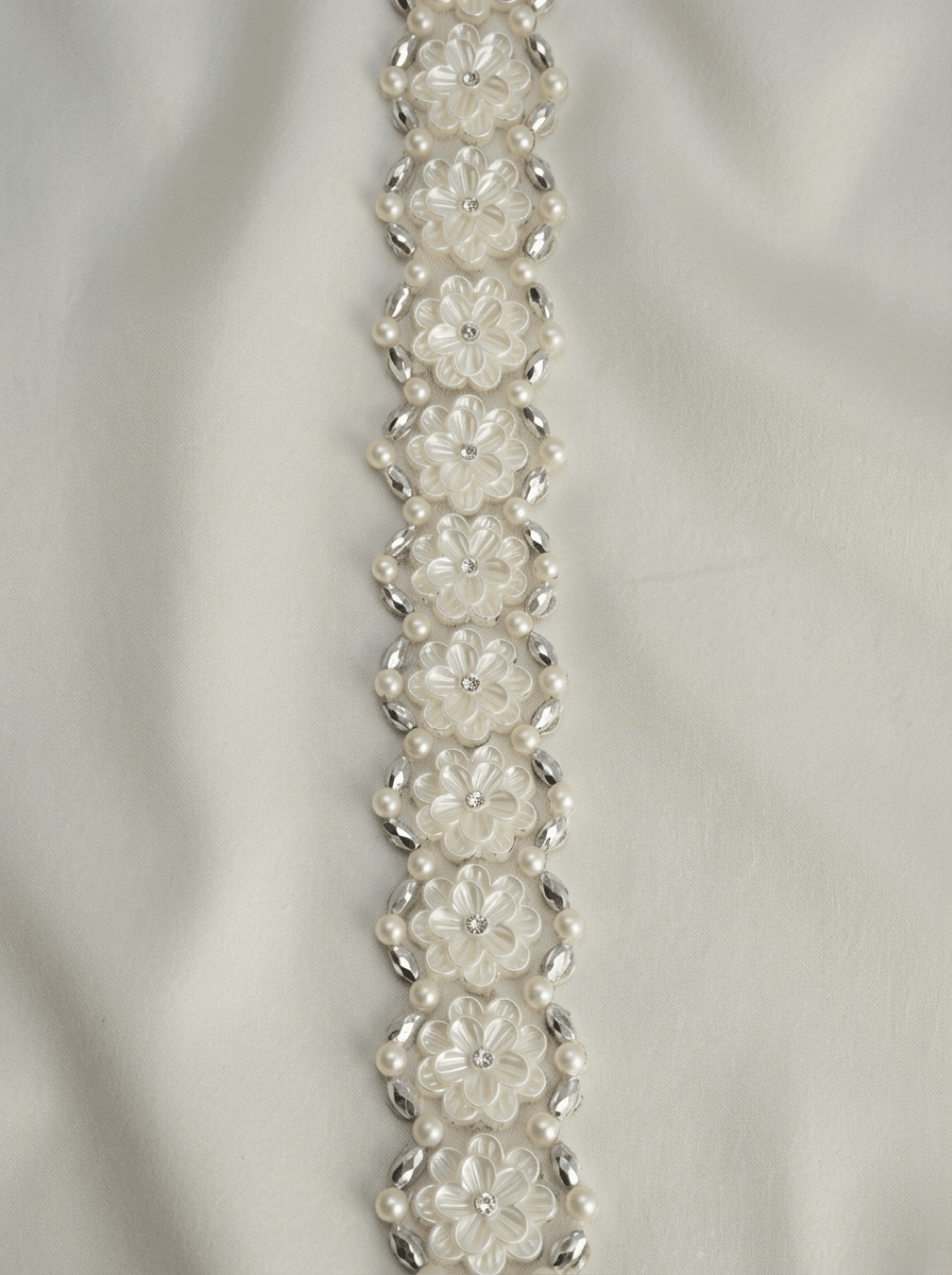 Floral Pearl Beaded Trim – Rhinestone Flower Appliqué Trim – Ivory Bridal Lace Trim – Self Adhesive or Sew On – Made in USA