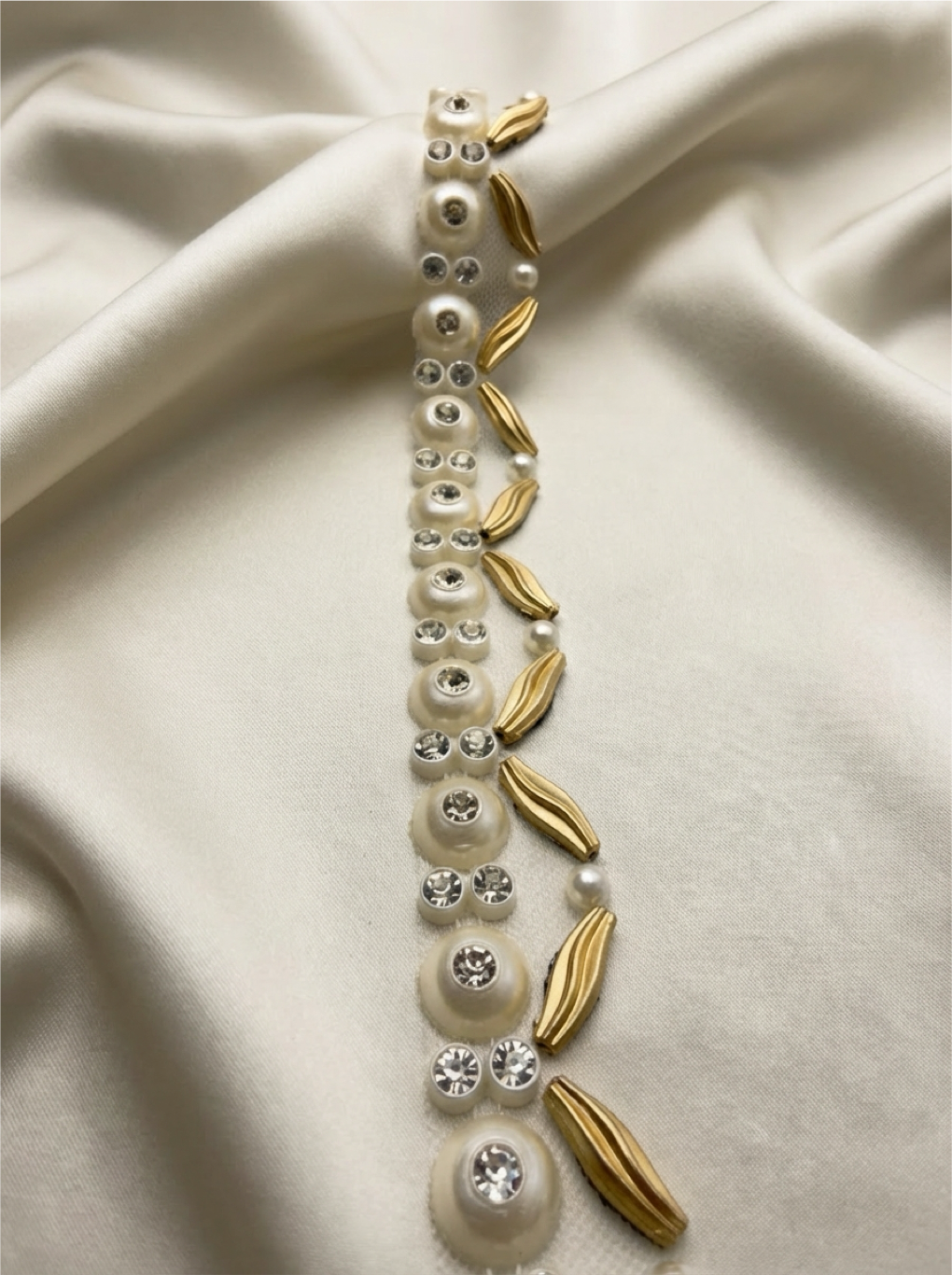 Matte Gold & Ivory Pearl Rhinestone Trim – Self Adhesive or Extra Fabric Seam Allowance –  Beaded Trim for Dress, Collar -Made In USA