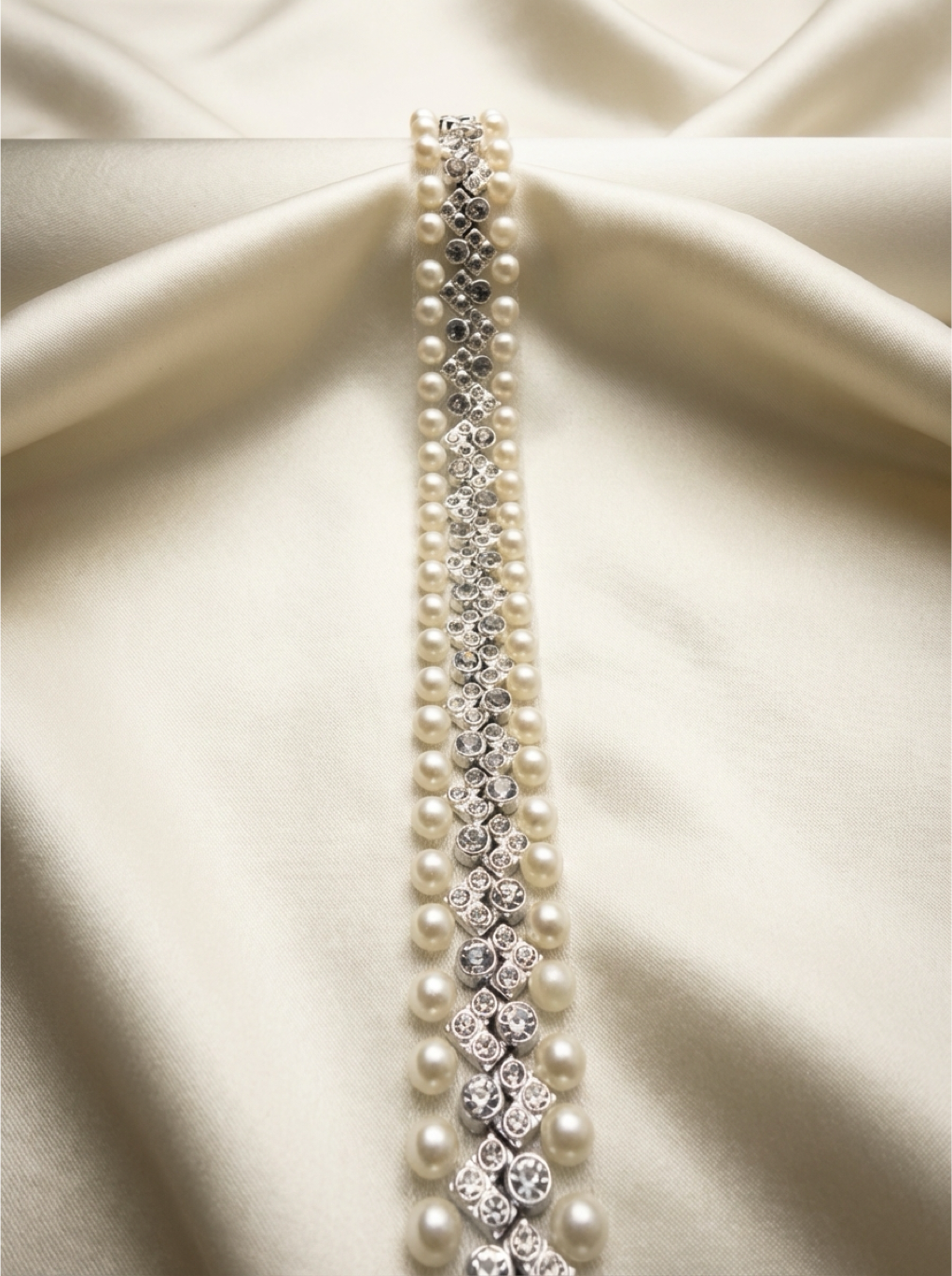 Silver Rhinestone & Ivory Pearl Beaded Trim – Self Adhesive or Sew-On Seam Allowance – Bridal Crystal Trim for Dress, Collar, Belt