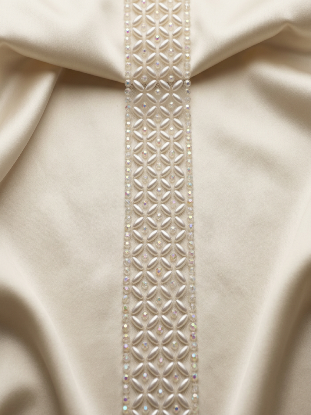 Iridescent Crystal & Ivory Pearl Beaded Trim – Self Adhesive or Sew-On Seam Allowance – AB Rhinestone Trim for Dress, Veil, Sash, DIY