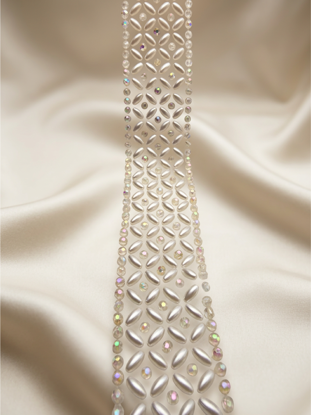 Iridescent Crystal & Ivory Pearl Beaded Trim – Self Adhesive or Sew-On Seam Allowance – AB Rhinestone Trim for Dress, Veil, Sash, DIY