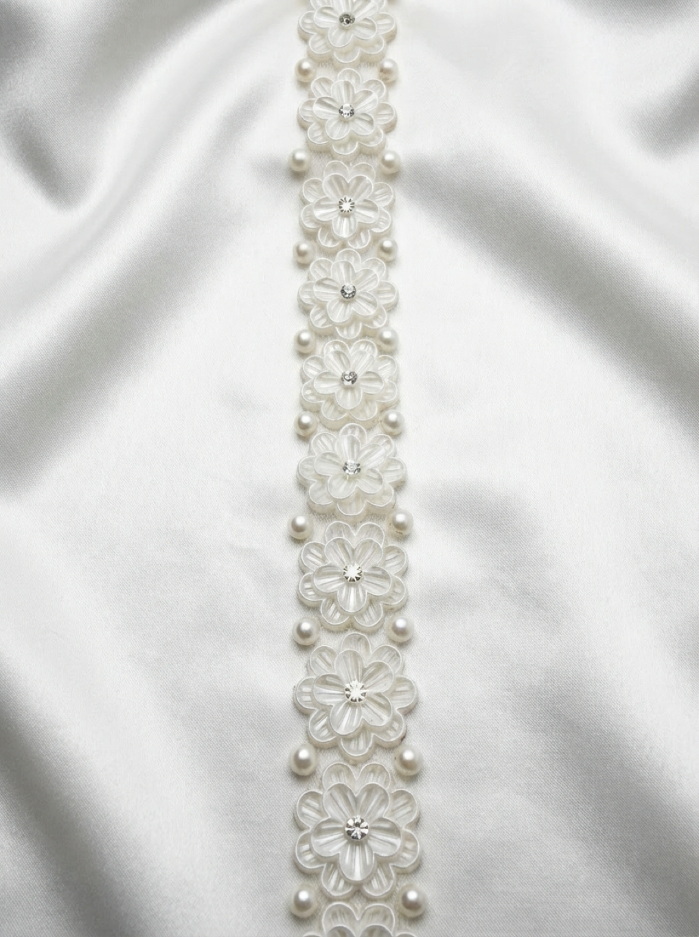 Ivory Floral Pearl Beaded Trim with Crystal Centers – Self Adhesive or Sew-On Seam Allowance – Bridal Flower Trim for Dress, Veil, Sash