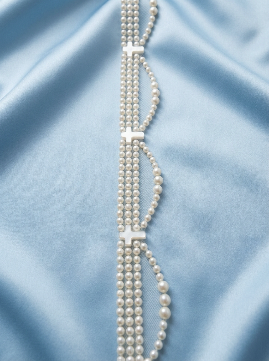 Faux Pearl Cross and scallops Trim – Self Adhesive Pearl Lace For Baptism, Communion Dress, and religious events trim. Made in USA