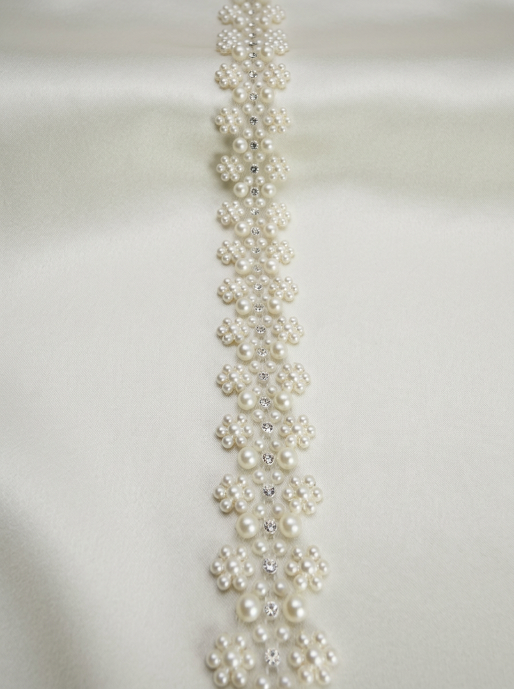 Ivory Pearl Floral Cluster Trim with Rhinestones – Self Adhesive or Sew-On Seam Allowance – Bridal Beaded Trim for Dress, Veil, Collar