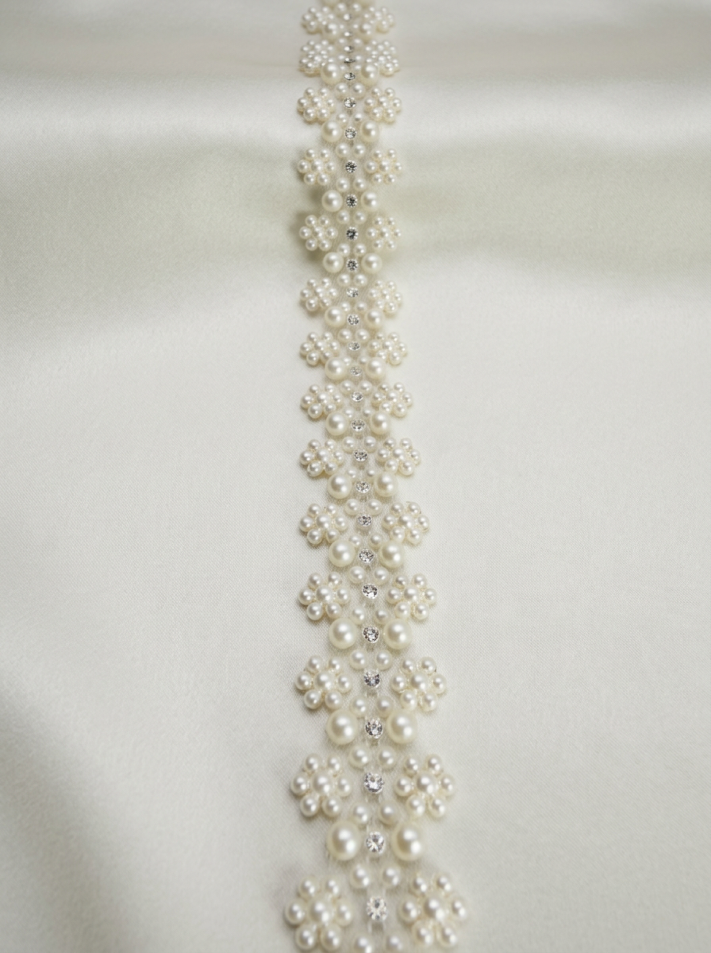 Ivory Pearl Floral Cluster Trim with Rhinestones – Self Adhesive or Sew-On Seam Allowance – Bridal Beaded Trim for Dress, Veil, Collar