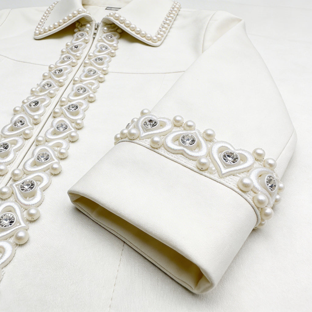 Ivory Pearl Rhinestone Heart Trim – Self Adhesive - Seam Allowance - Made in USA by Faraj Beading