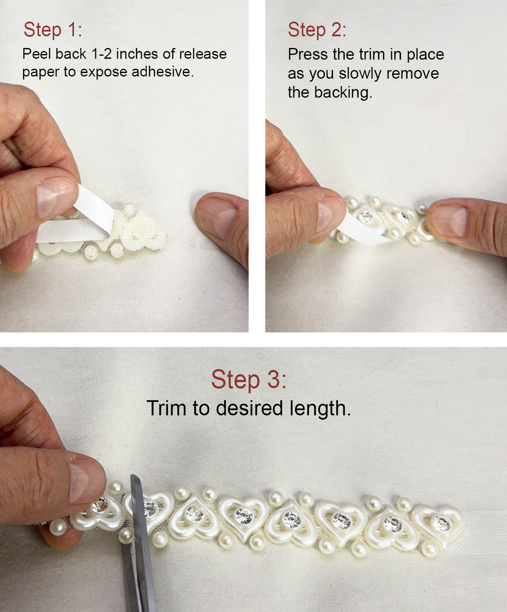 Ivory Pearl Rhinestone Heart Trim – Self Adhesive - Seam Allowance - Made in USA by Faraj Beading