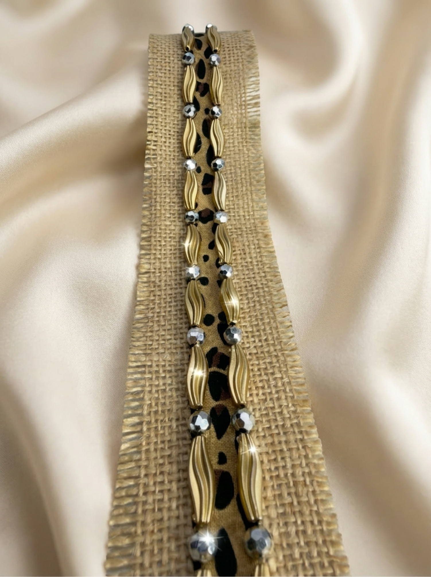 Gold and Silver beads Leopard print on Burlap Base Trim -Self Adhesive