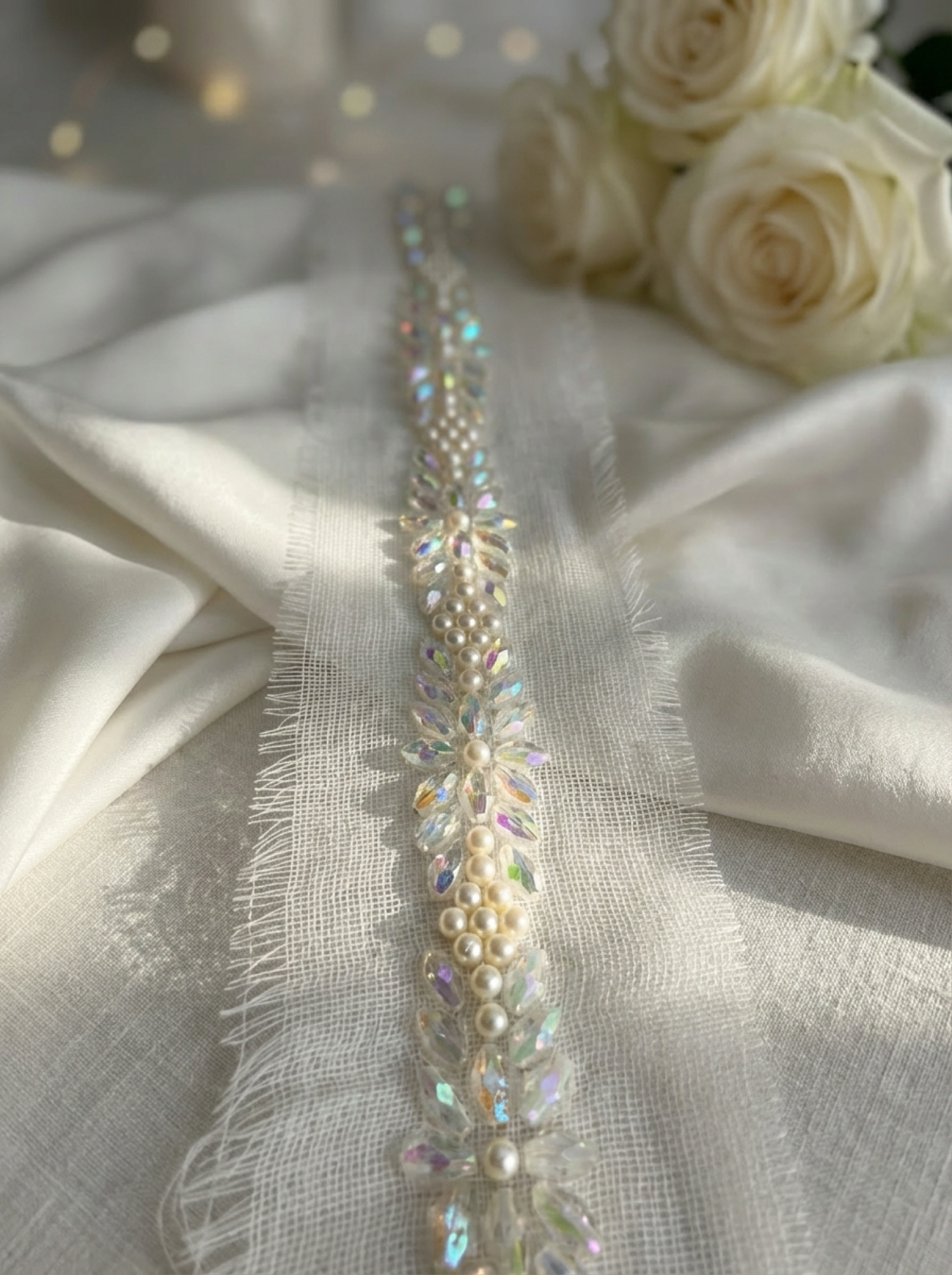 Pearls and Iridescent Crystal Beaded Lace Trim on light  gauze fabric - Self Adhesive and Sew on