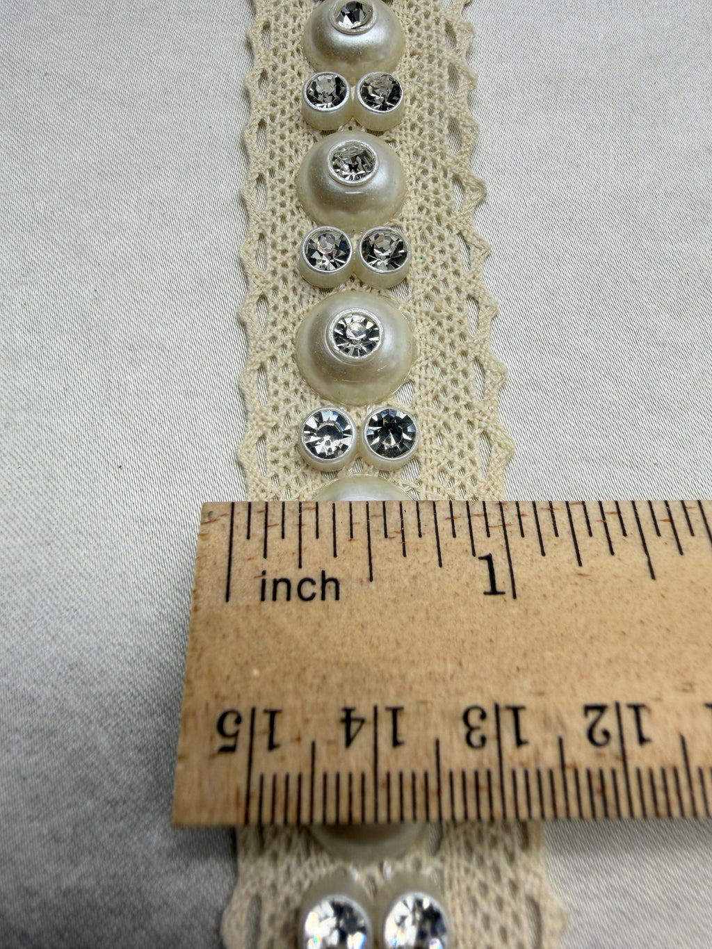 Ivory Pearl and Rhinestone Trim with Self Adhesive and Sew on Backing -cotton lace