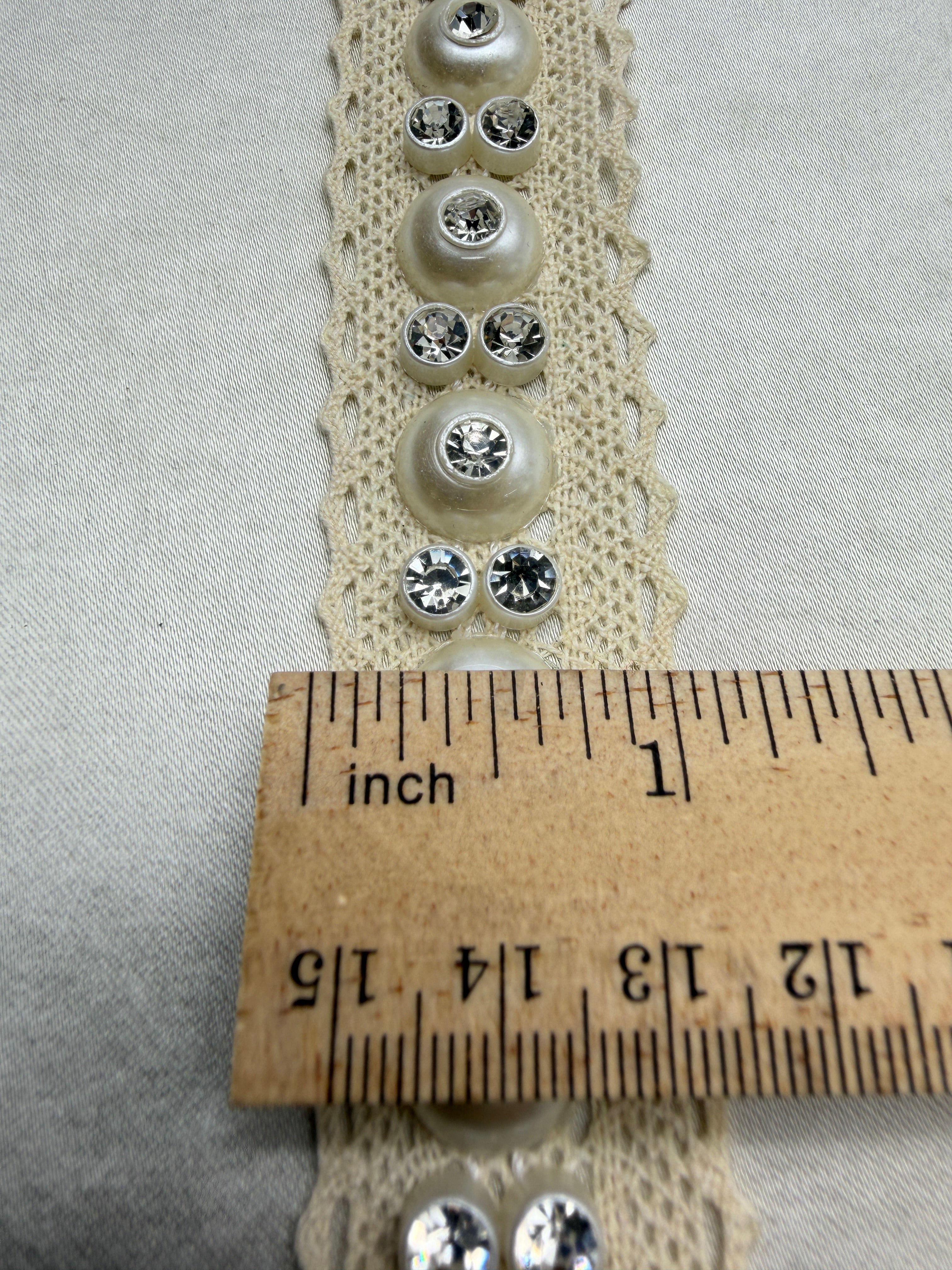 Ivory Pearl and Rhinestone Trim with Self Adhesive and Sew on Backing -cotton lace