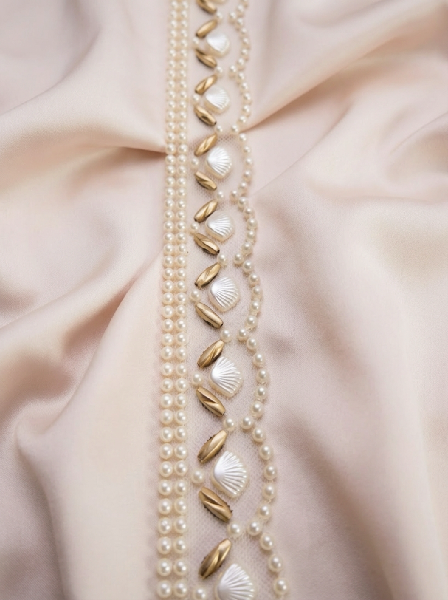 Pearls and Gold Beaded Trim with Seashell Nautical Accents and Scallop Border Self Adhesive -Made in USA by Faraj Beading