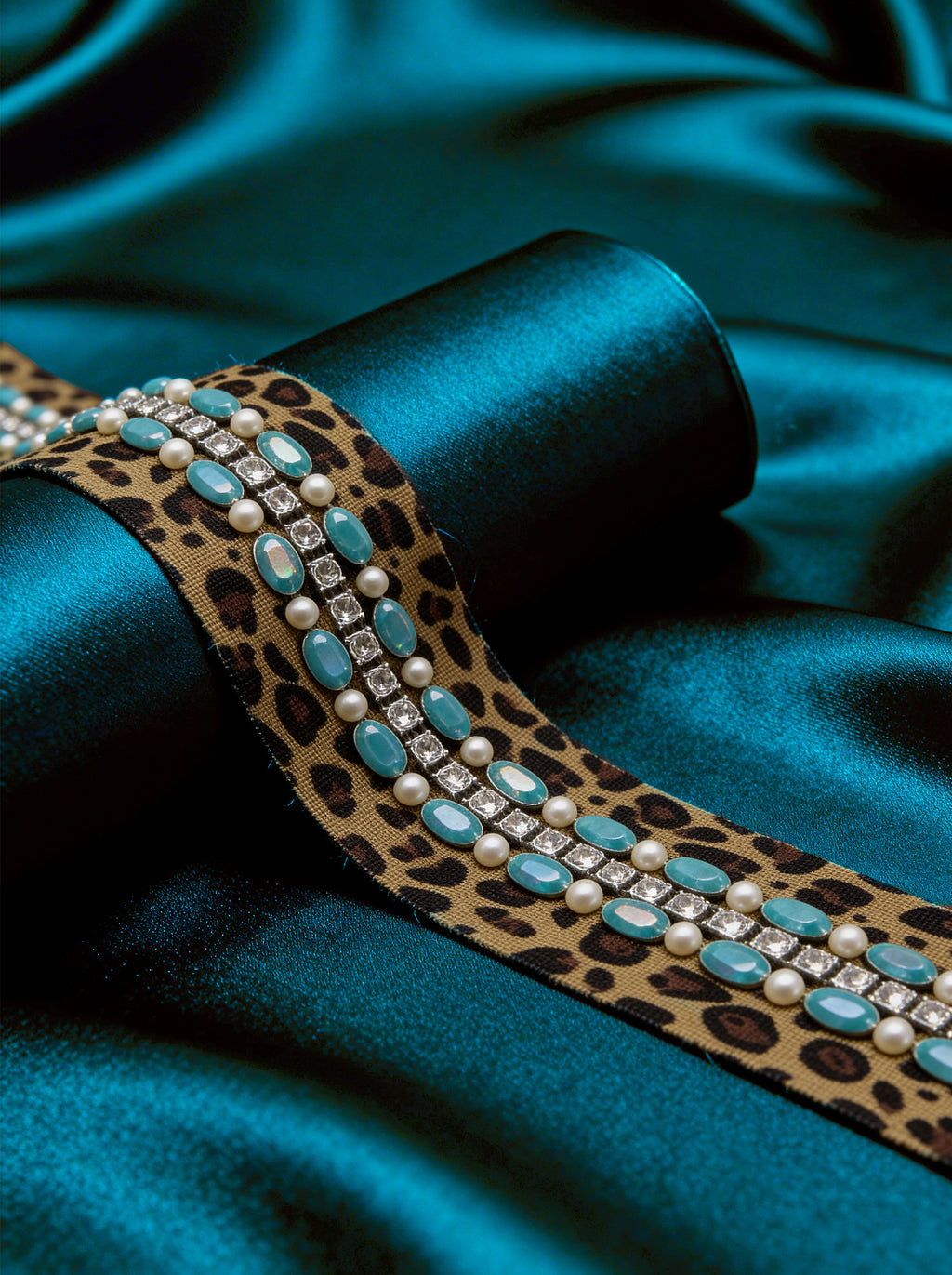Leopard Print Beaded ribbon embellished with Turquoise Oval Resin Beads, Rhinestone & faux Pearls. Made Proudly in USA by Faraj beading