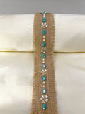 Burlap Boho Beaded  tropical Trim with Turquoise, Pearl & Floral Rhinestone – Self Adhesive or Sew-On Seam Allowance – Rustic Trim