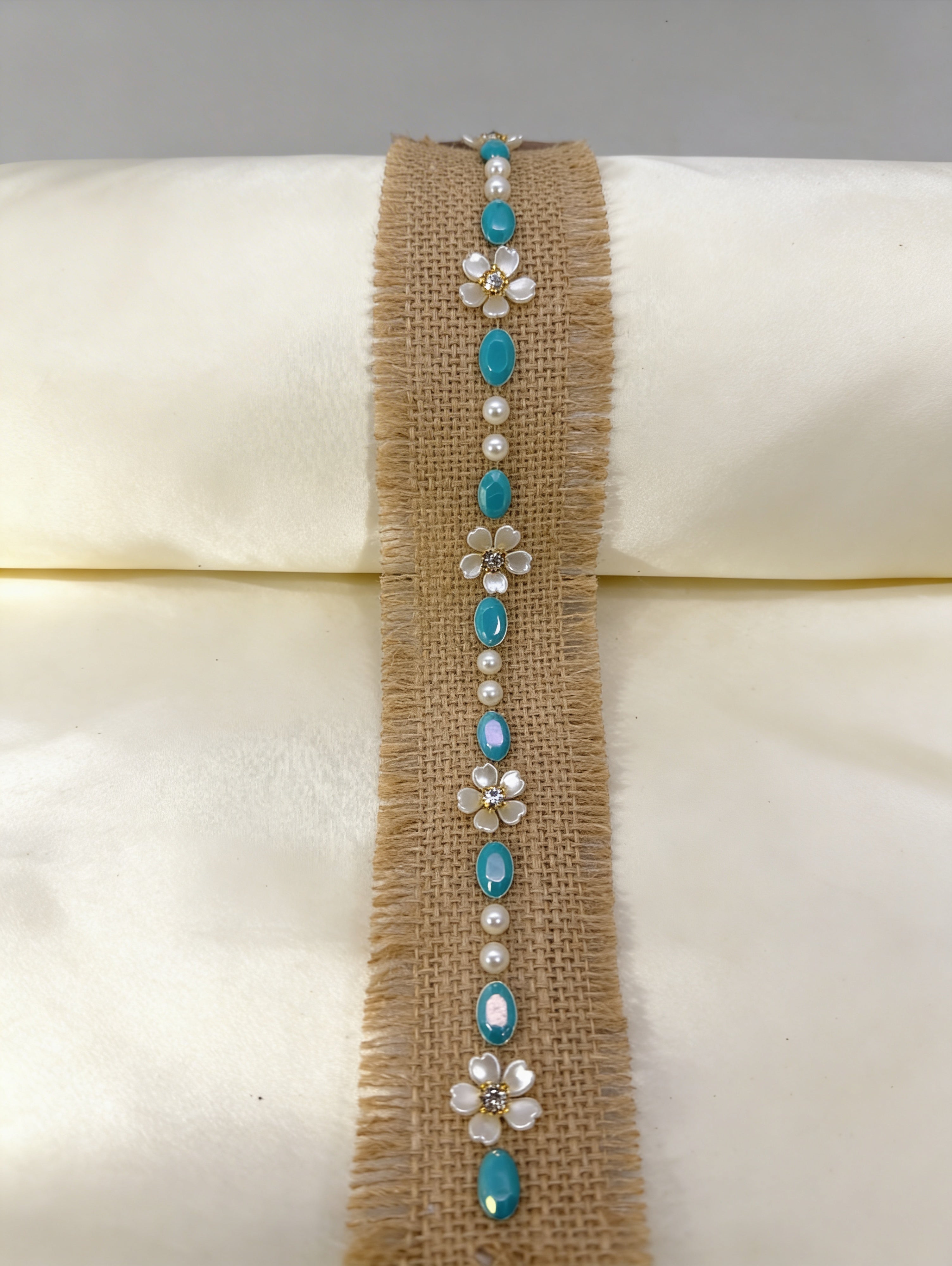 Burlap Boho Beaded  tropical Trim with Turquoise, Pearl & Floral Rhinestone – Self Adhesive or Sew-On Seam Allowance – Rustic Trim