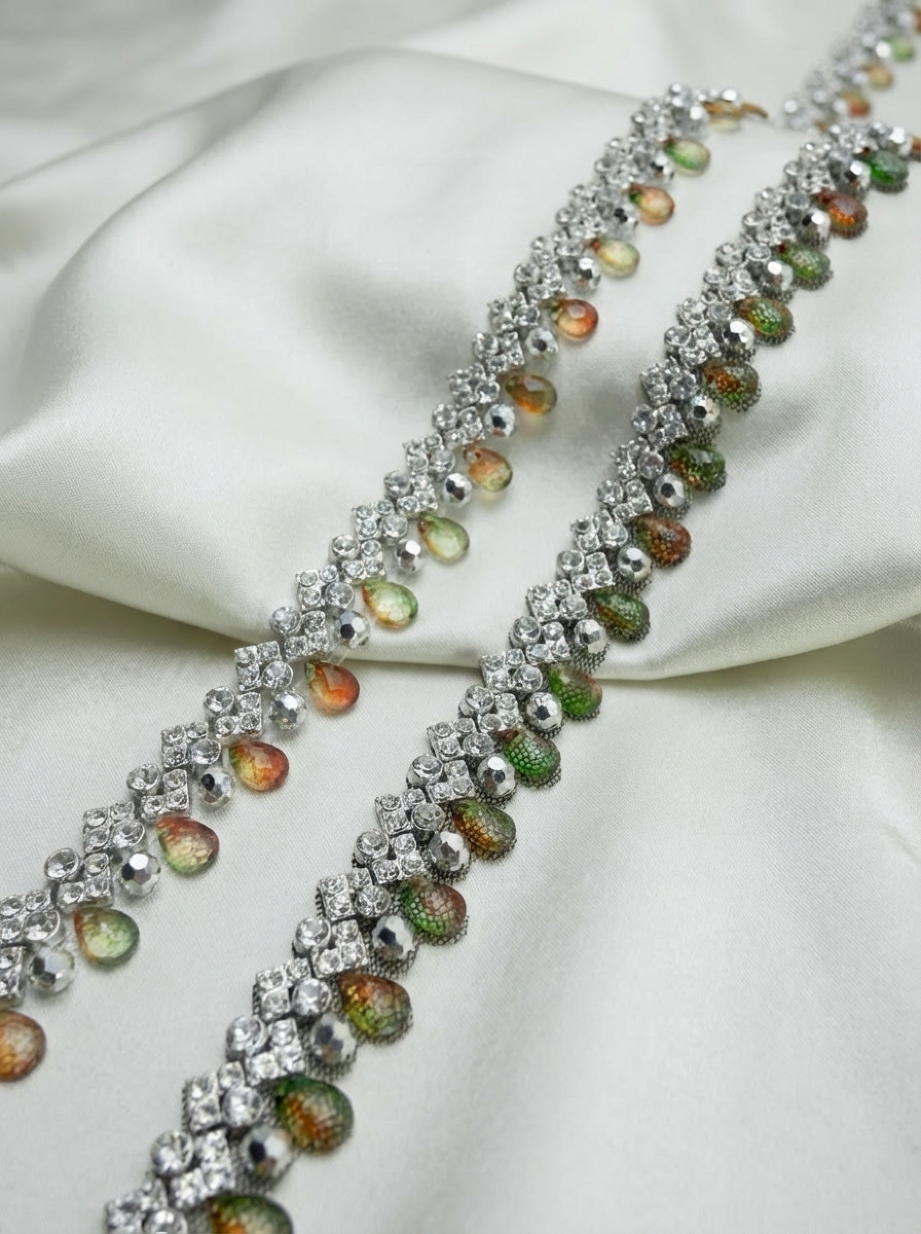 Crystal and Iridescent Beaded Trim – Self Adhesive Rhinestone Trim, Peel and Stick Fabric Trim, Gold Green Accent Trim, Sew or Stick
