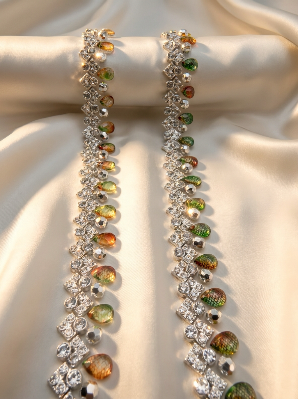 Crystal and Iridescent Beaded Trim – Self Adhesive Rhinestone Trim, Peel and Stick Fabric Trim, Gold Green Accent Trim, Sew or Stick