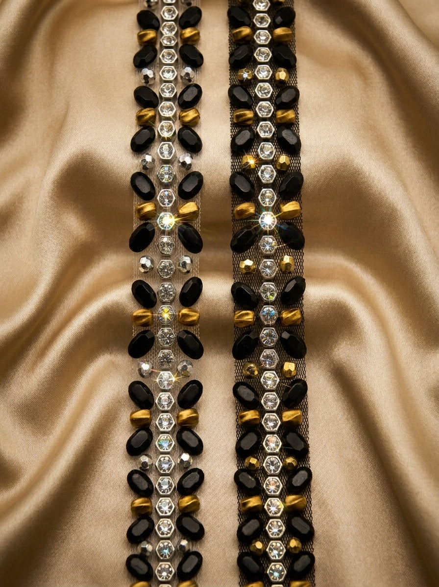 Black & Gold Beaded Trim, Rhinestone Pearl Embellishment, Sew-On or Adhesive Trim by the Yard, Luxury Fashion Trim, DIY Clothing Decor
