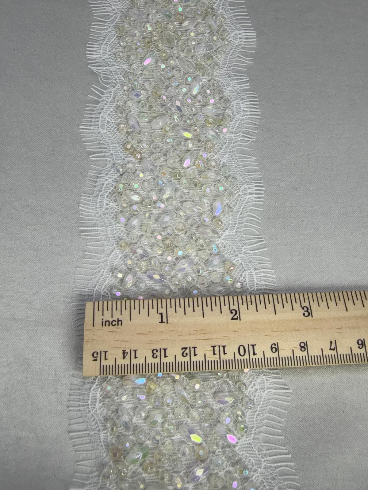 Bridal Beaded Lace Trim, Faceted Oval and Barrel Crystal Trim by the Yard, Rhinestone Wedding Dress Trim, Couture Applique - Made in USA