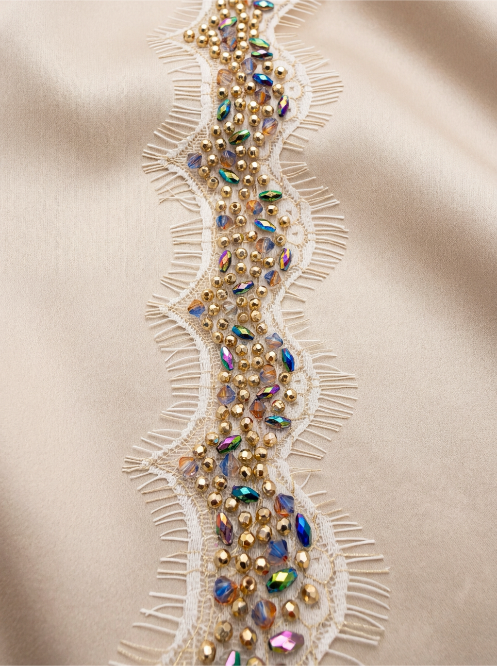Multicolor Beaded Lace Trim, Iridescent Rhinestone & Gold Bead Trim, Bridal Couture Trim, Dress Embellishment, Sewing Trim by the Yard