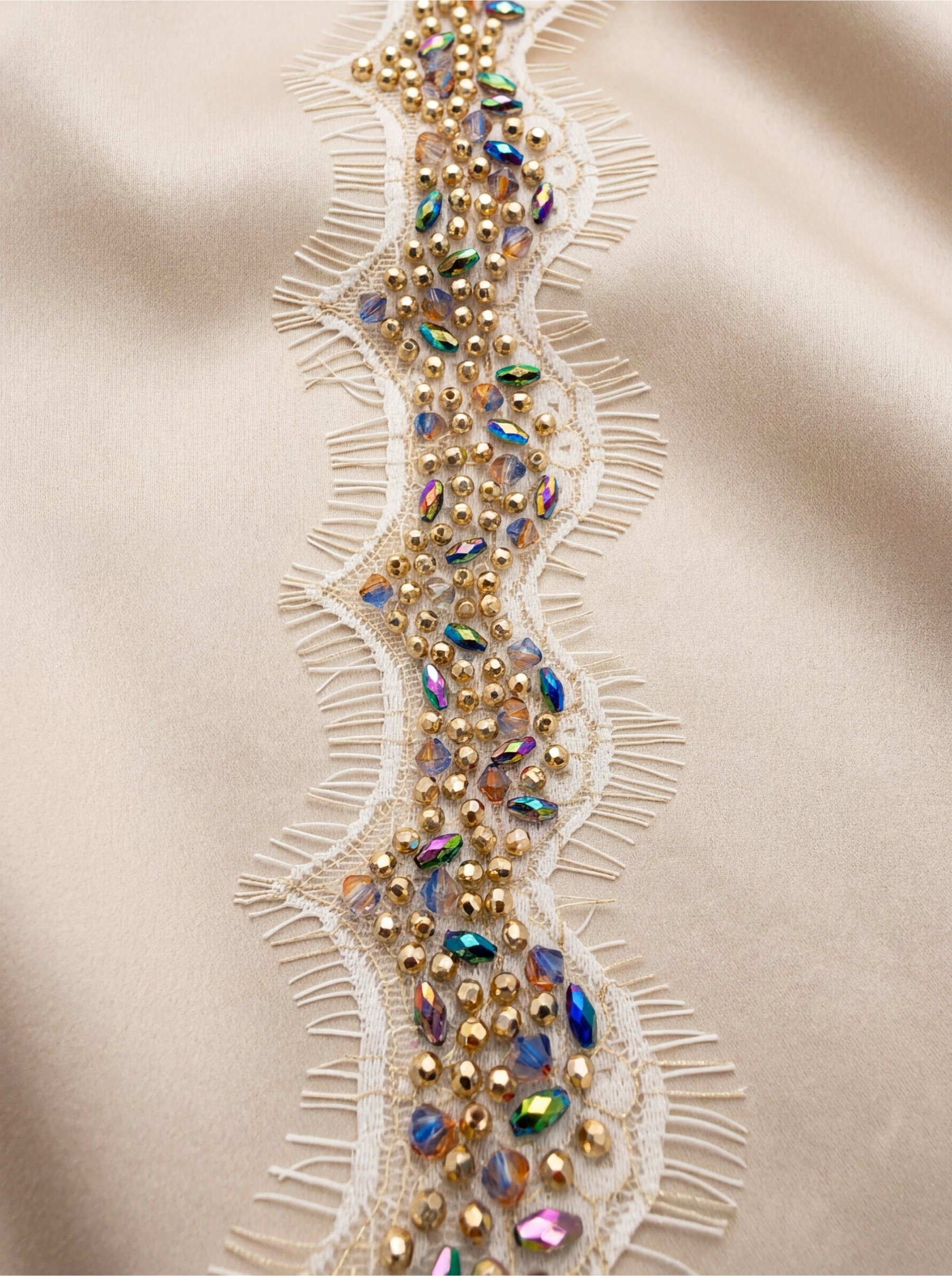 Multicolor Beaded Lace Trim, Iridescent Rhinestone & Gold Bead Trim, Bridal Couture Trim, Dress Embellishment, Sewing Trim by the Yard