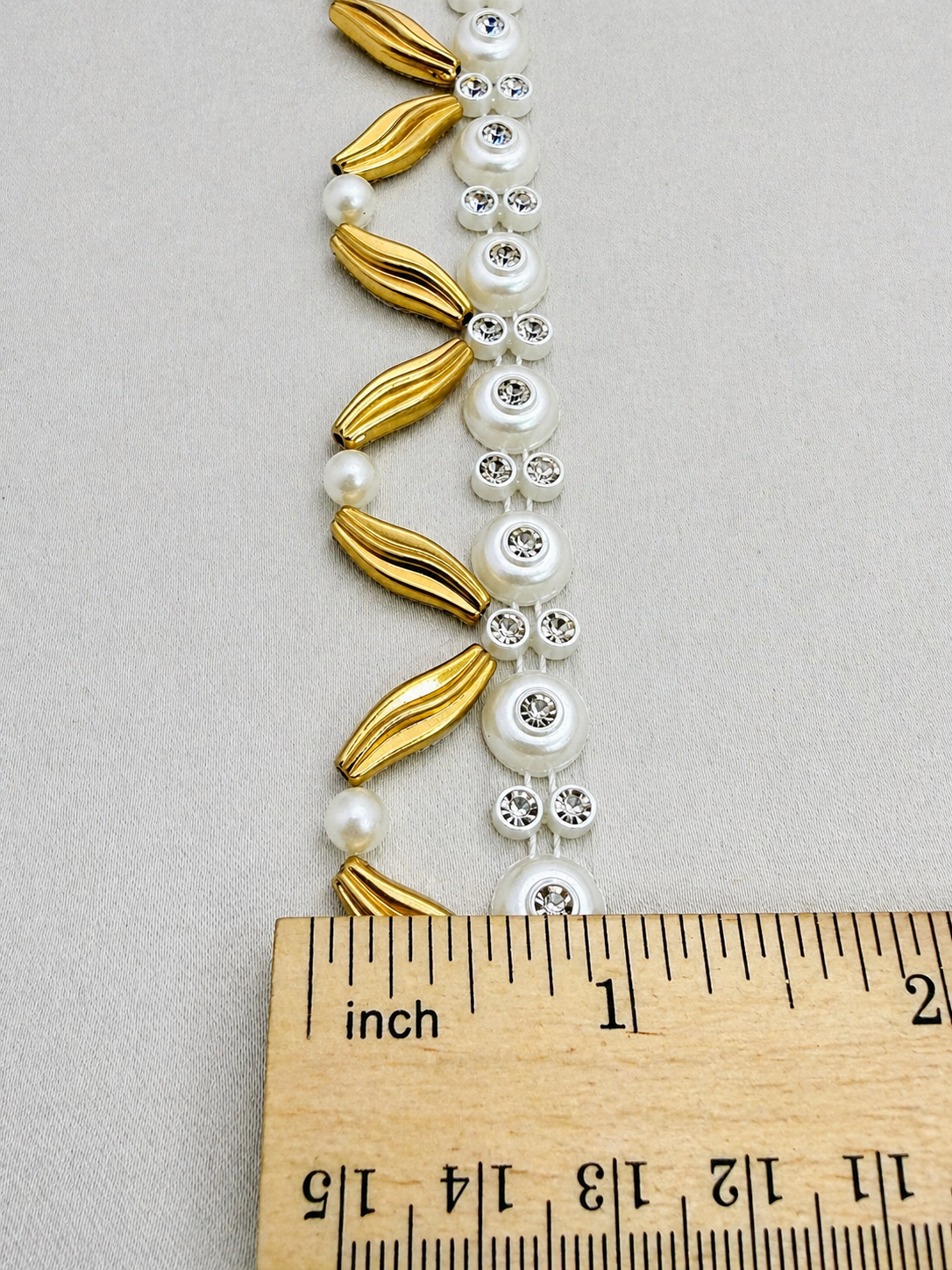 Matte Gold & Ivory Pearl Rhinestone Trim – Self Adhesive or Extra Fabric Seam Allowance –  Beaded Trim for Dress, Collar -Made In USA
