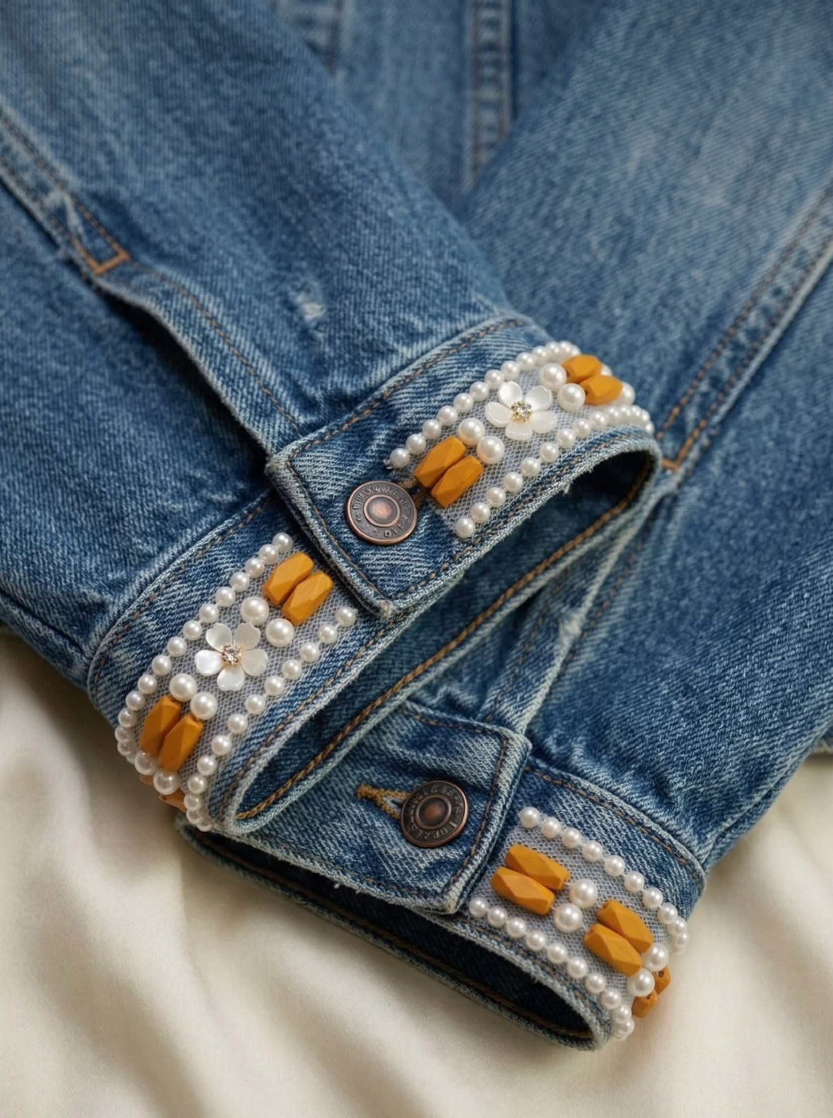 Ivory Pearl & Orange Beaded Trim with Floral Crystal – Self Adhesive or Sew-On Seam Allowance – Boho Trim for Dress, Collar, DIY, Cuffs