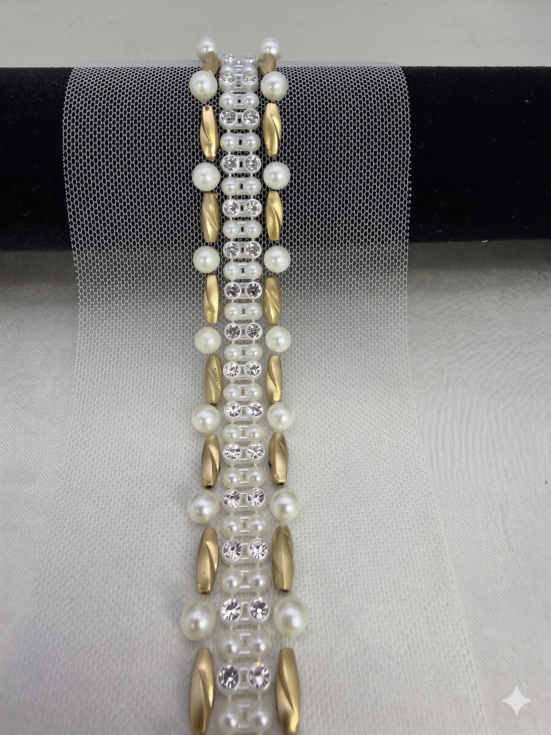 Matte Gold beads Pearl Rhinestone Trim – Decorative Embellishment, Sewing or Self Adhesive Trim, 1” Seam Allowance Option - Made In USA
