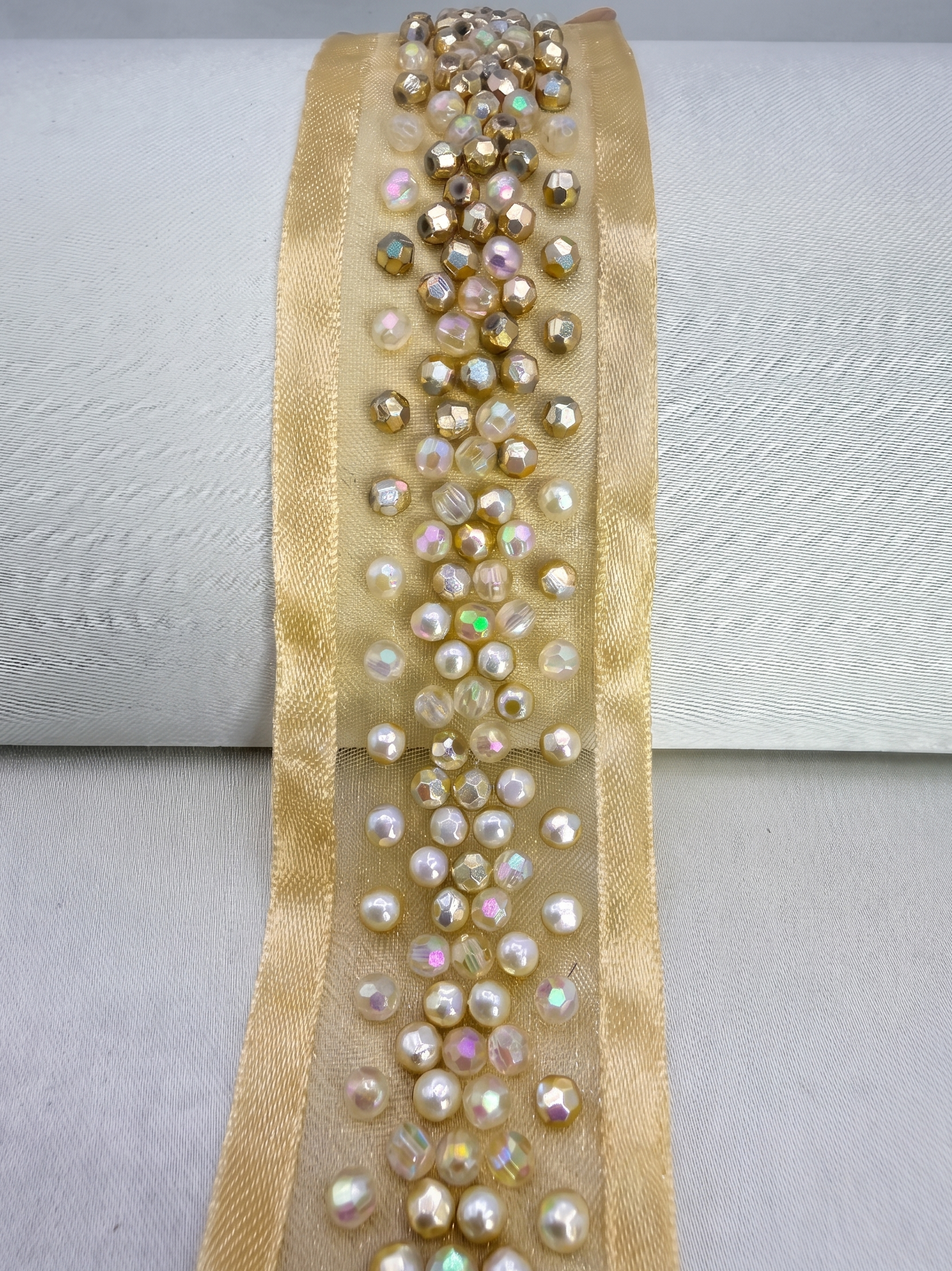 Pearl Beaded Trim – Ivory or Champagne Bridal Trim – Rhinestone Pearl Ribbon Trim – Self Adhesive or Sew On – Made in USA