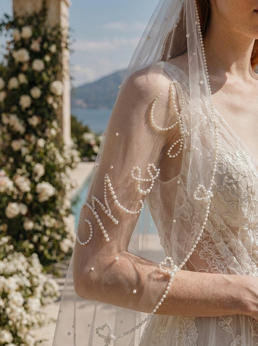 Custom Pearl Lettering Fingertip Veil, Personalized fingertip Bridal Veil , Pearl Edge Wedding Veil, pearl heart and bows veil, Made in USA