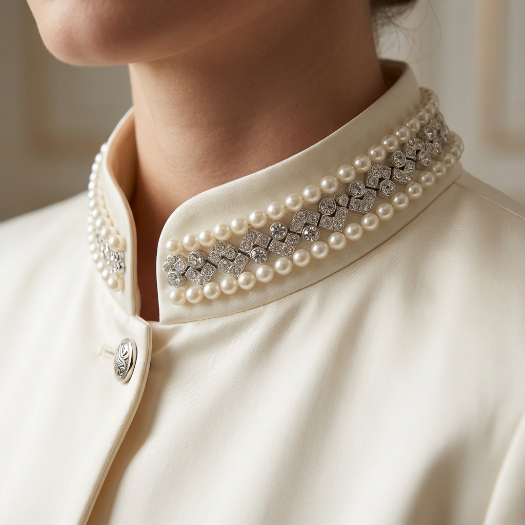 Silver Rhinestone & Ivory Pearl Beaded Trim – Self Adhesive or Sew-On Seam Allowance – Bridal Crystal Trim for Dress, Collar, Belt