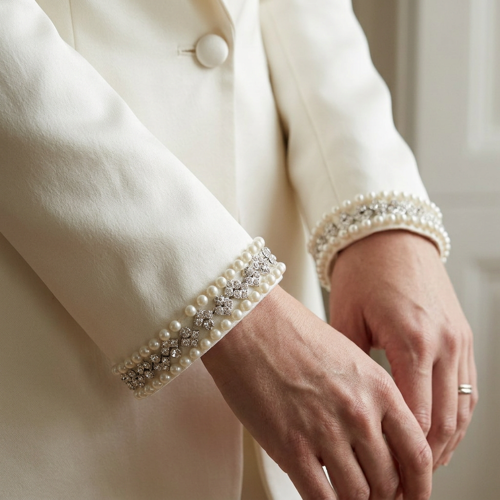 Silver Rhinestone & Ivory Pearl Beaded Trim – Self Adhesive or Sew-On Seam Allowance – Bridal Crystal Trim for Dress, Collar, Belt