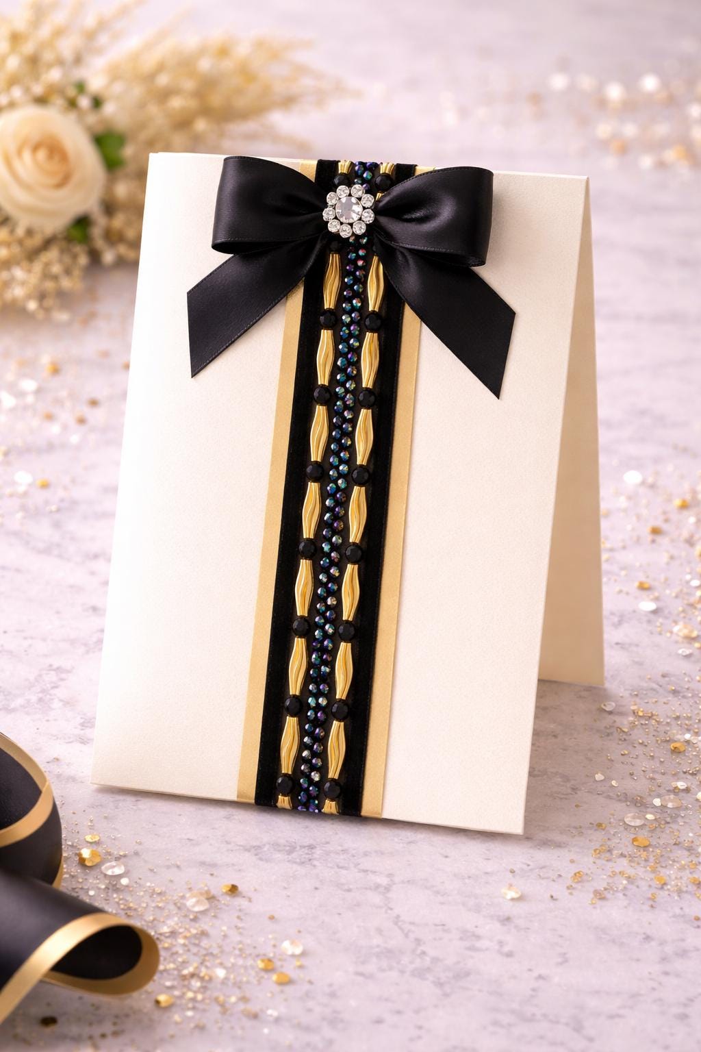 Black Gold Beaded Trim – Iridescent Rhinestone Designer Trim – Luxury Statement Ribbon Trim – Sew On or Self Adhesive – Evening DIY - Faraj Beading