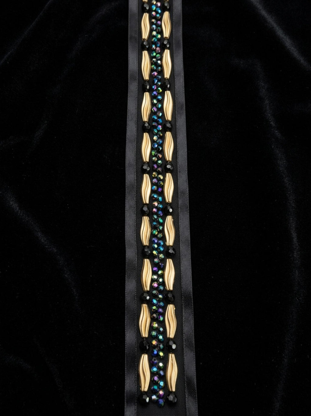 Black Gold Beaded Trim – Iridescent Rhinestone Designer Trim – Luxury Statement Ribbon Trim – Sew On or Self Adhesive – Evening DIY - Faraj Beading