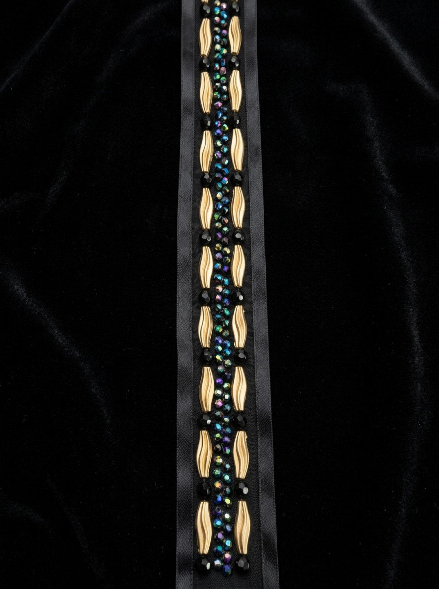 Black Gold Beaded Trim – Iridescent Rhinestone Designer Trim – Luxury Statement Ribbon Trim – Sew On or Self Adhesive – Evening DIY - Faraj Beading