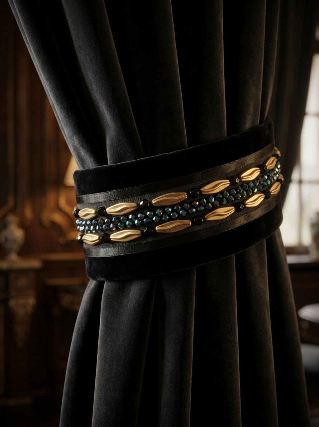 Black Gold Beaded Trim – Iridescent Rhinestone Designer Trim – Luxury Statement Ribbon Trim – Sew On or Self Adhesive – Evening DIY - Faraj Beading