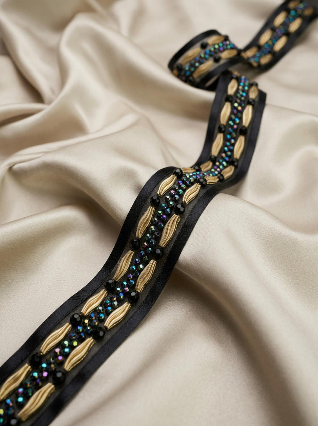 Black Gold Beaded Trim – Iridescent Rhinestone Designer Trim – Luxury Statement Ribbon Trim – Sew On or Self Adhesive – Evening DIY - Faraj Beading