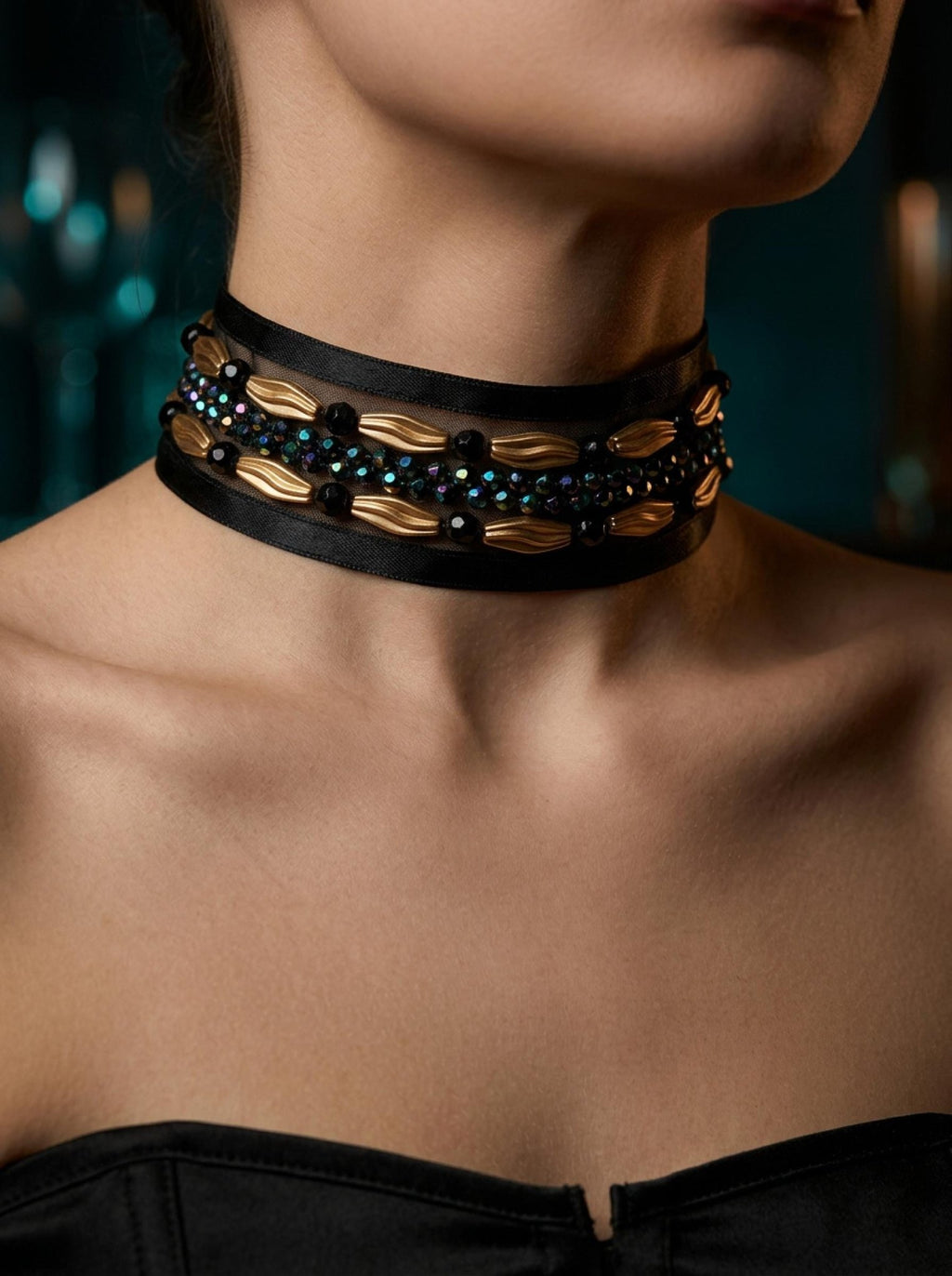 Black Gold Beaded Trim – Iridescent Rhinestone Designer Trim – Luxury Statement Ribbon Trim – Sew On or Self Adhesive – Evening DIY - Faraj Beading