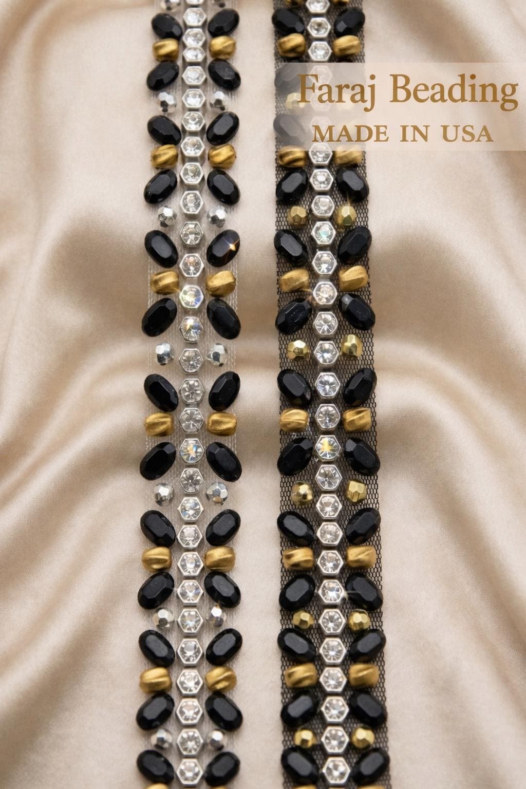 Black & Gold Beaded Trim, Rhinestone Pearl Embellishment, Sew - On or Adhesive Trim by the Yard, Luxury Fashion Trim, DIY Clothing Decor - Faraj Beading