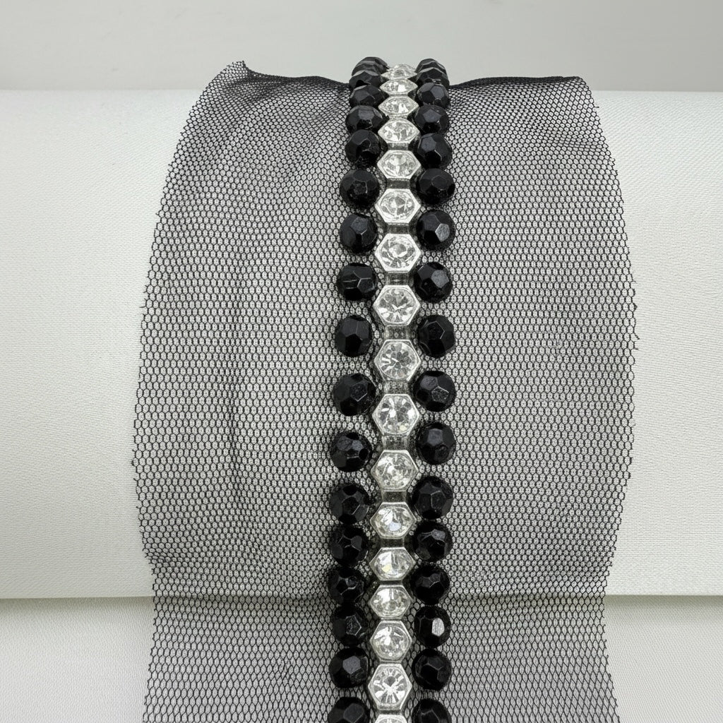 Rhinestone Pearl Beaded Trim by the Yard, Center Crystal Chain Trim with Beaded Edges, Bridal Designer Sewing Trim, Self Adhesive Option