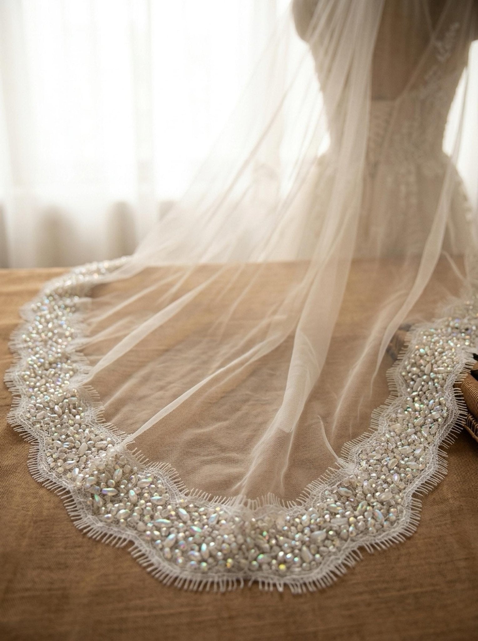 Bridal Beaded Lace Trim, Faceted Oval and Barrel Crystal Trim by the Yard, Rhinestone Wedding Dress Trim, Couture Applique - Made in USA - Faraj Beading