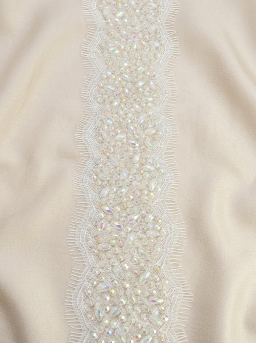 Bridal Beaded Lace Trim, Faceted Oval and Barrel Crystal Trim by the Yard, Rhinestone Wedding Dress Trim, Couture Applique - Made in USA - Faraj Beading