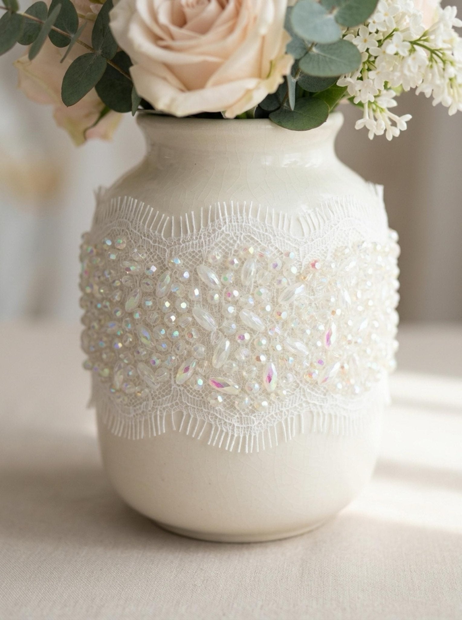 Bridal Beaded Lace Trim, Faceted Oval and Barrel Crystal Trim by the Yard, Rhinestone Wedding Dress Trim, Couture Applique - Made in USA - Faraj Beading